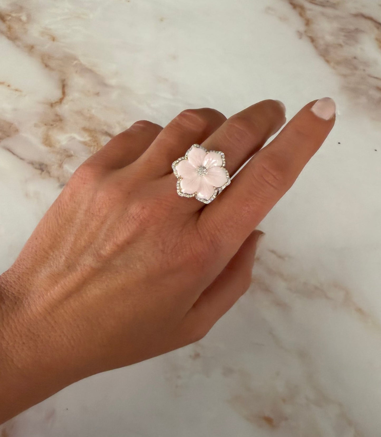 .32 cttw pink pearl flower ring with halo and pearl center