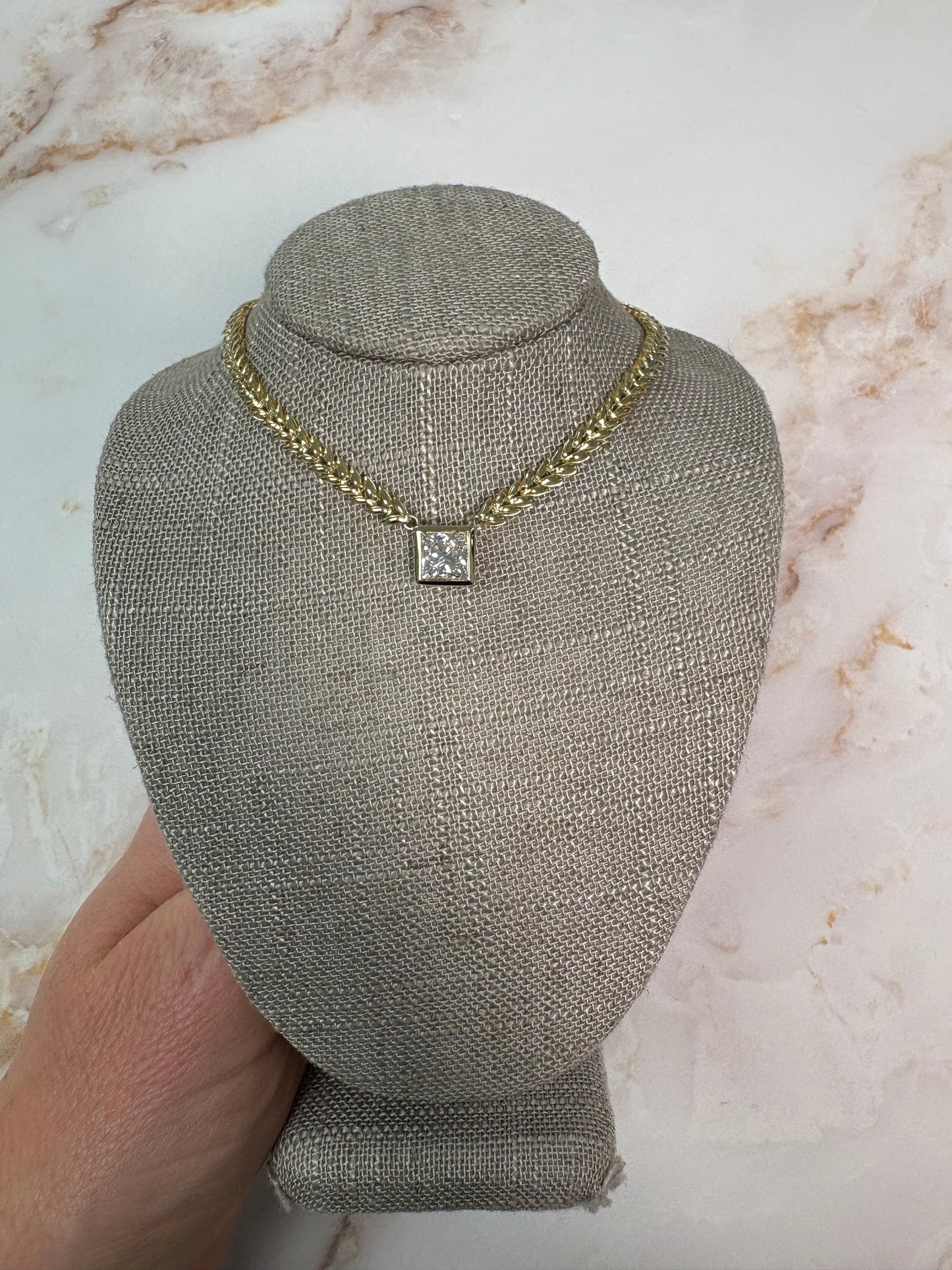 1.75 ct bezel princess diamond on herringbone cuban chain