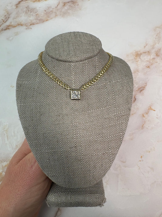 1.75 ct bezel princess diamond on herringbone cuban chain
