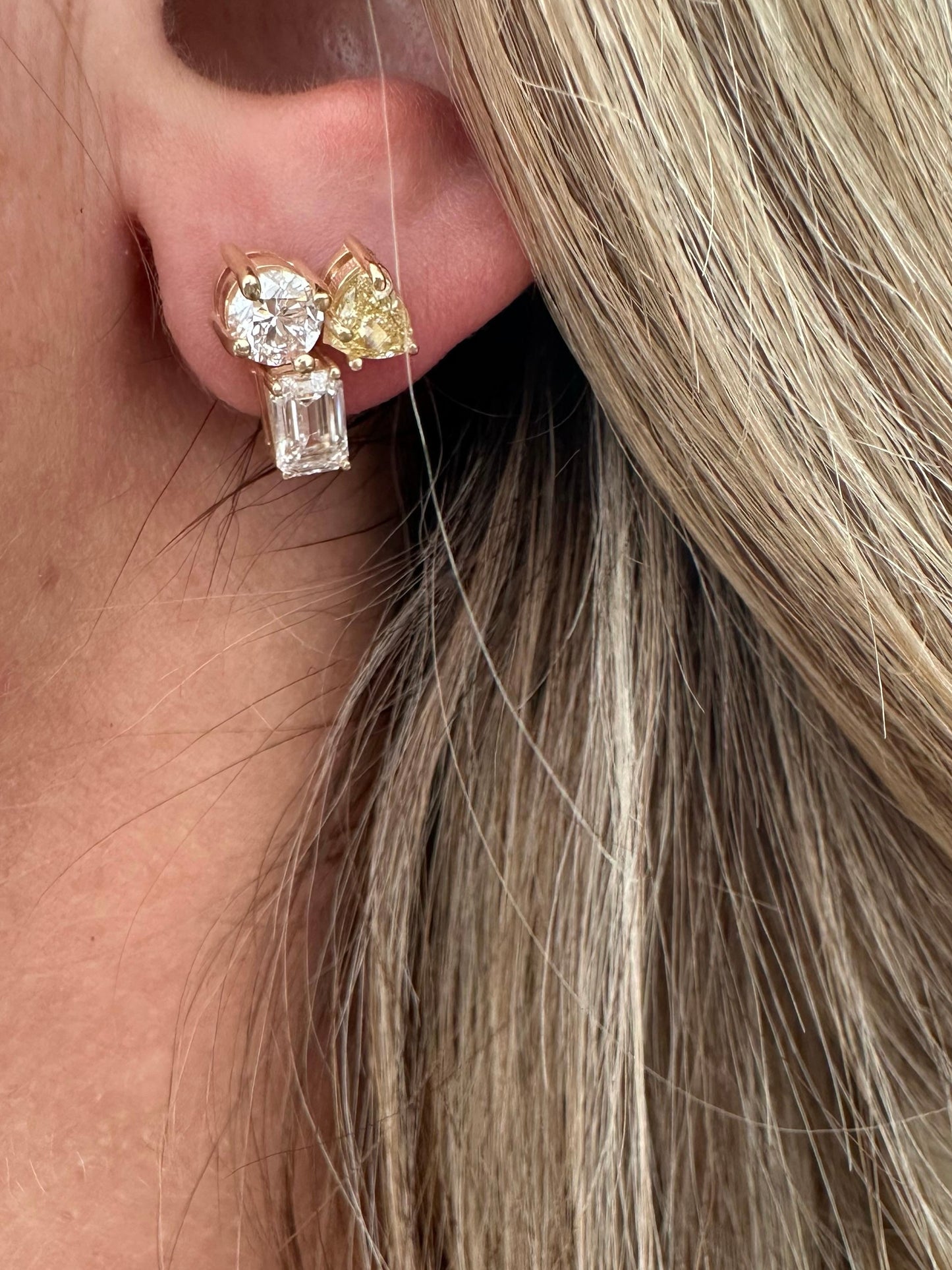 3.28 cttw yellow gold 3 stone studs with yellow diamond