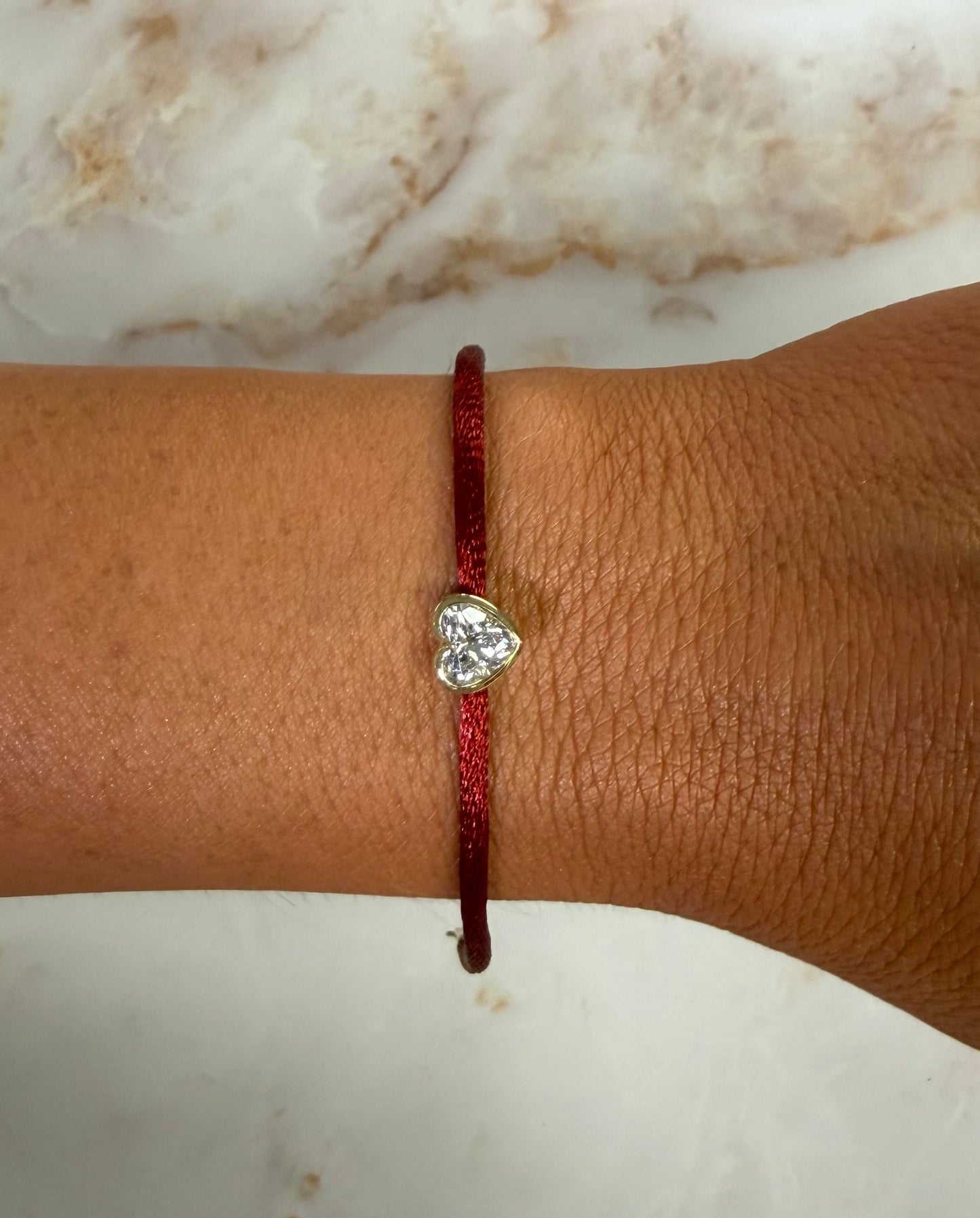 1 ct bezel heart on burgundy silk cord bracelet