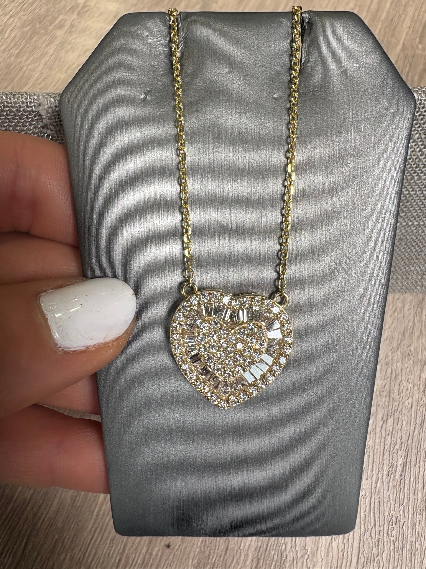 2 cttw Baguette & Round Yellow Gold Heart Necklace