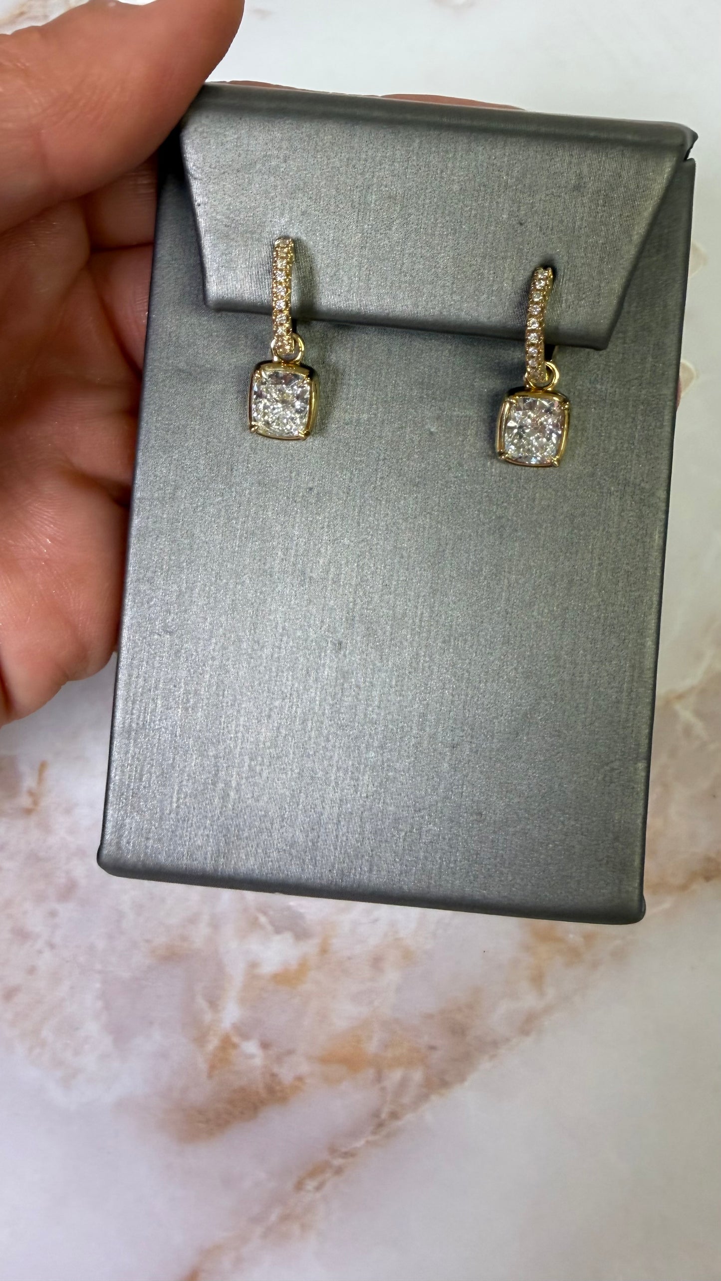 3.73 cttw bezel cushion on pave Huggies