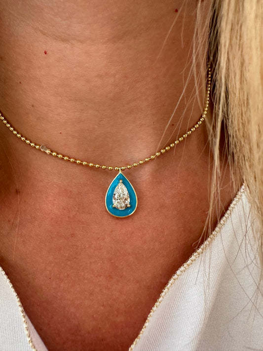 1.54 ct pear set in turquoise on ball chain