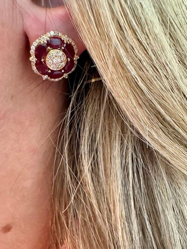 .70 cttw yellow gold ruby flower earrings