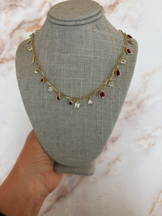 5.91 cttw bezel diamonds and rubies on paperclip chain