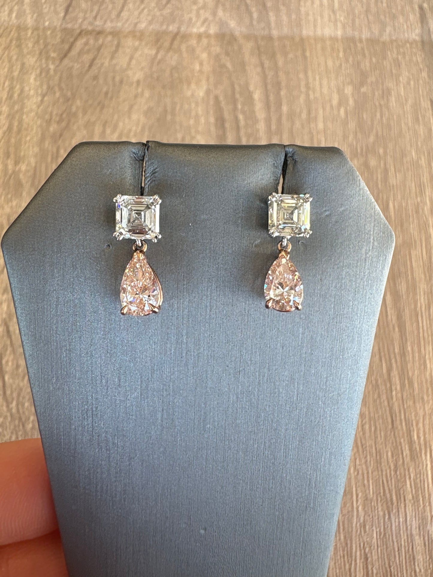 2.5 cttw asscher stud with pink pear drop