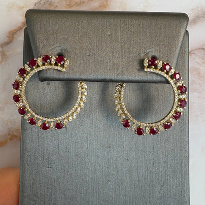 2.12 cttw yellow gold and ruby front facing hoops
