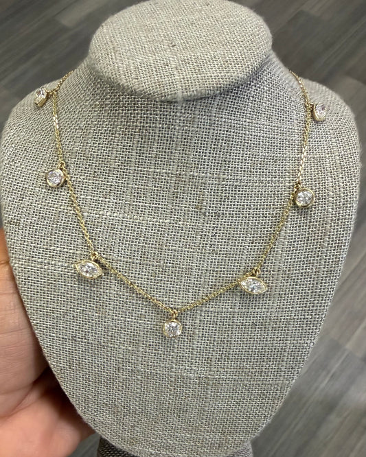 2.11 cttw yellow gold necklace with hanging bezel Marquis and rounds
