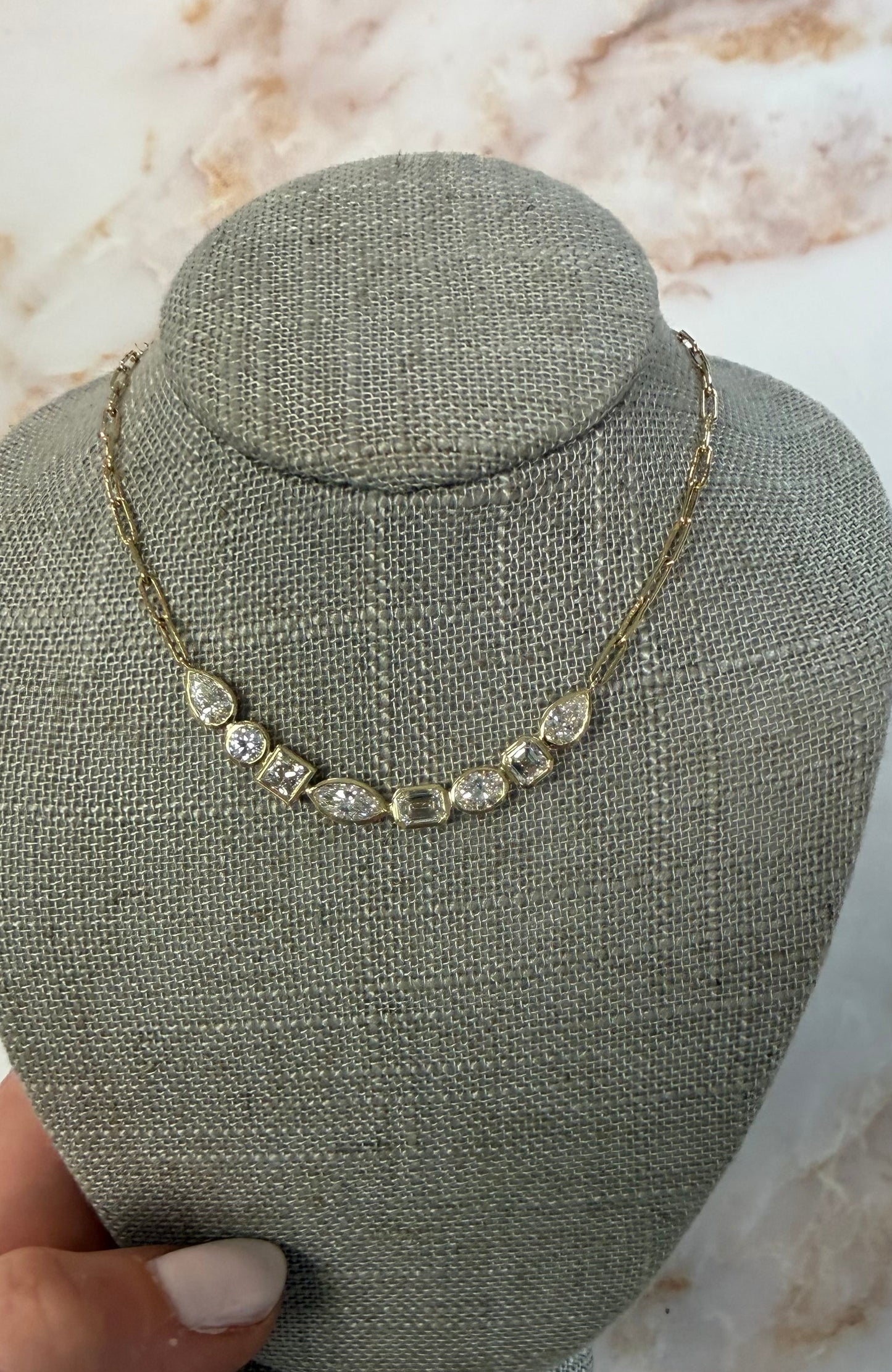 2.36 cttw multi shape bezel bar necklace on paperclip chain
