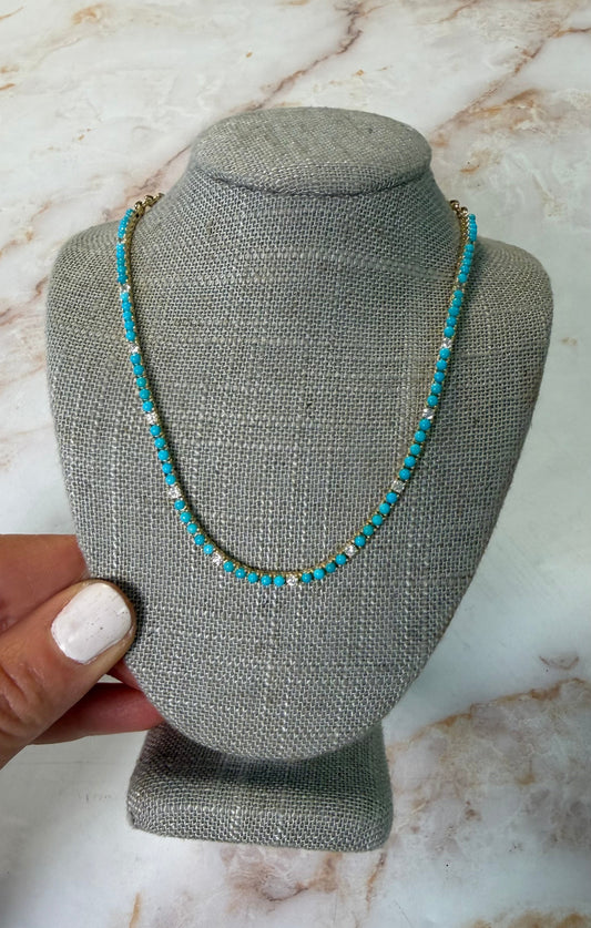 .66 cttw natural diamond + 2.79 turquoise halfway yellow gold tennis necklace
