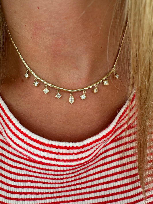 1.27 cttw bezel princess and marquis stones hanging on herringbone chain