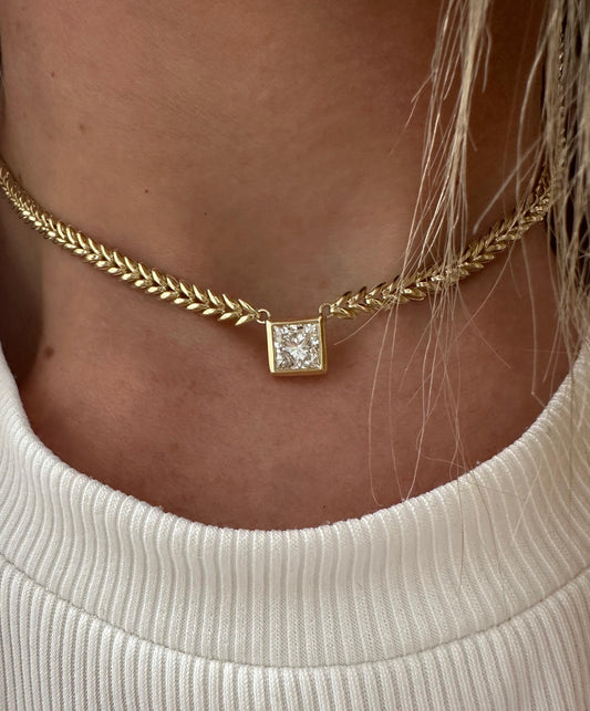 1.75 ct bezel princess diamond on herringbone cuban chain