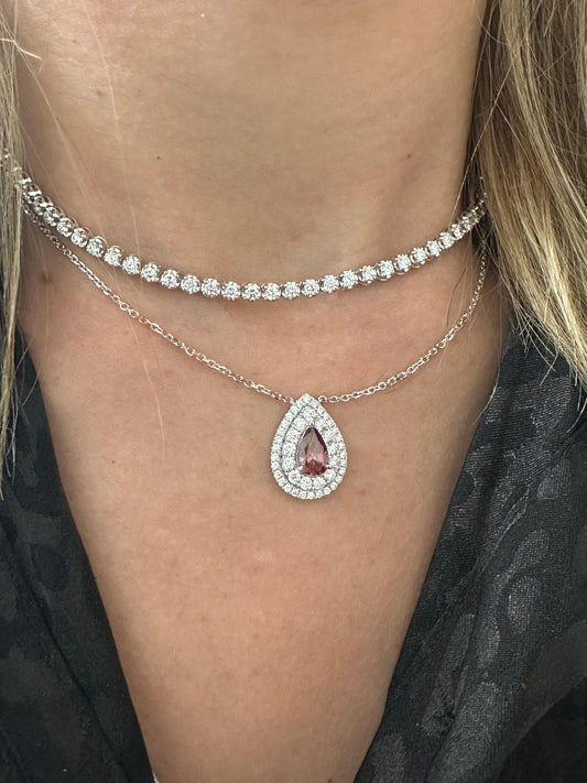 1.7 cttw Double Halo Pear Ruby Necklace