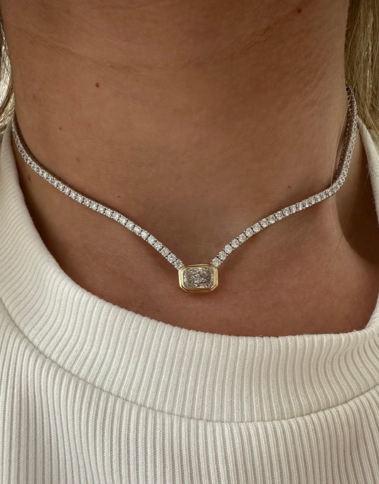 3.5 cttw halfway tennis with 1 ct double radiant bezel center