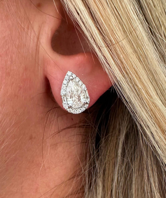3.5 cttw pear studs with round and baguette halo