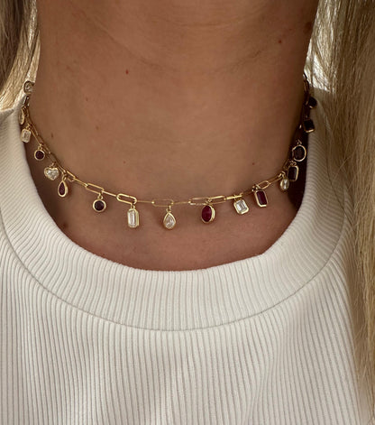 5.91 cttw bezel diamonds and rubies on paperclip chain