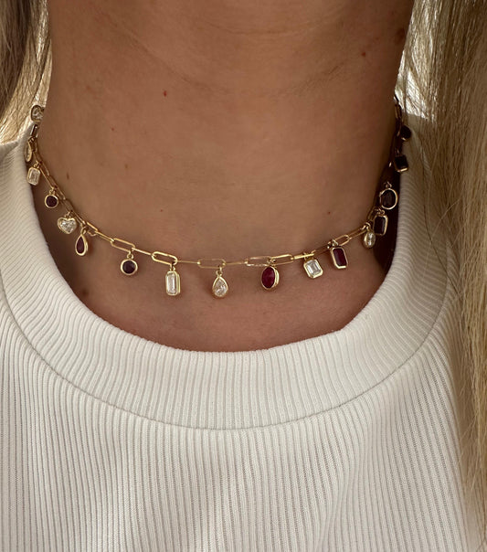 5.91 cttw bezel diamonds and rubies on paperclip chain