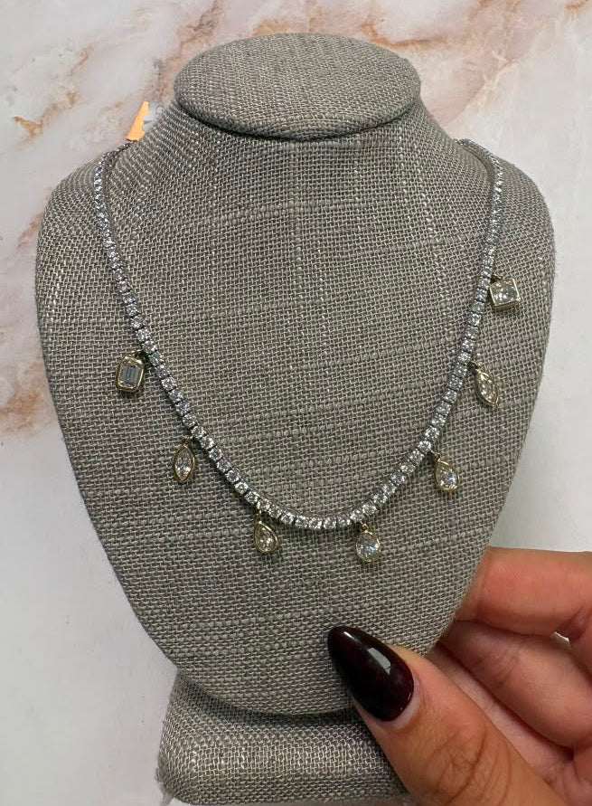 7 cttw 4 prong tennis necklace with hanging bezel shapes