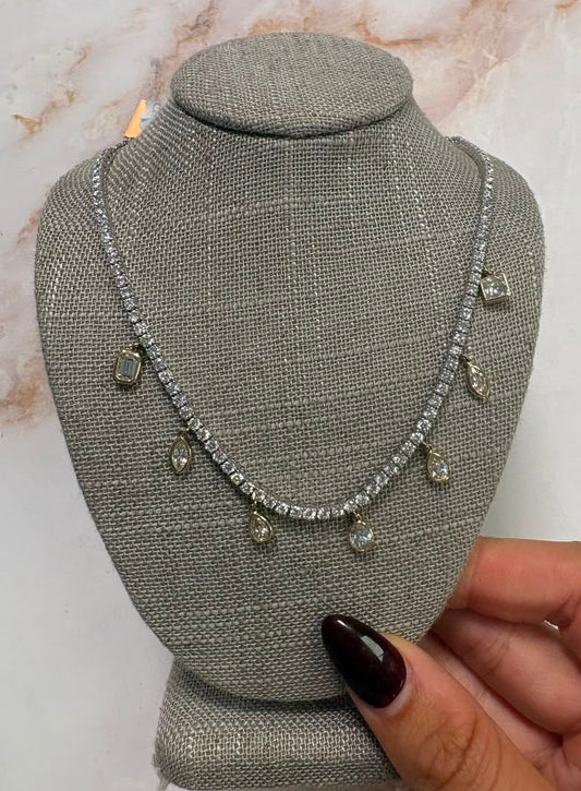 7 cttw 4 prong tennis necklace with hanging bezel shapes