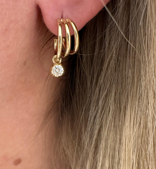 .5 ct triple hoop yellow gold earrings with round stone