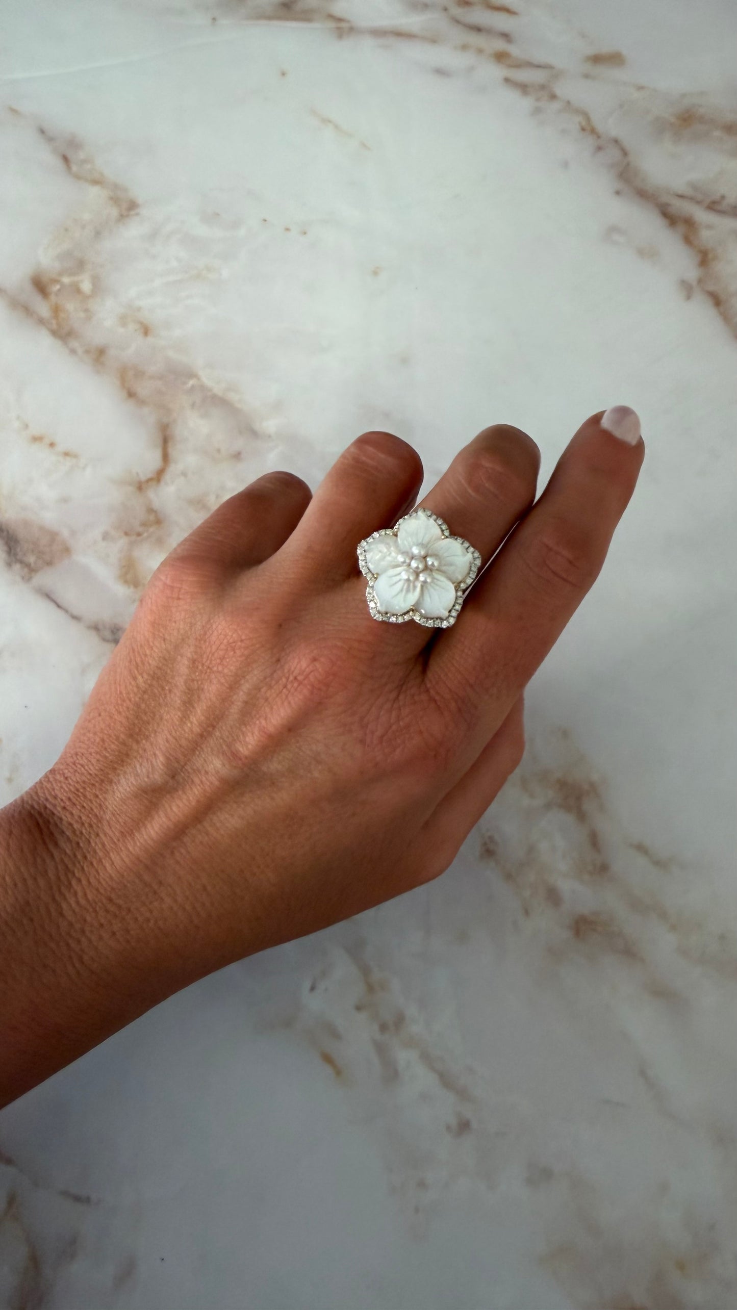 .36 cttw pearl flower ring with halo and pearl center