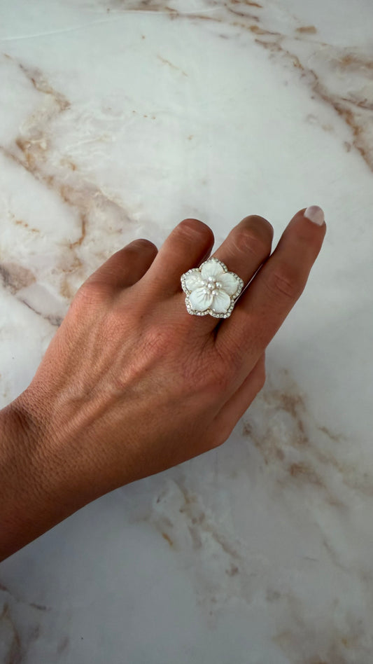 .36 cttw pearl flower ring with halo and pearl center