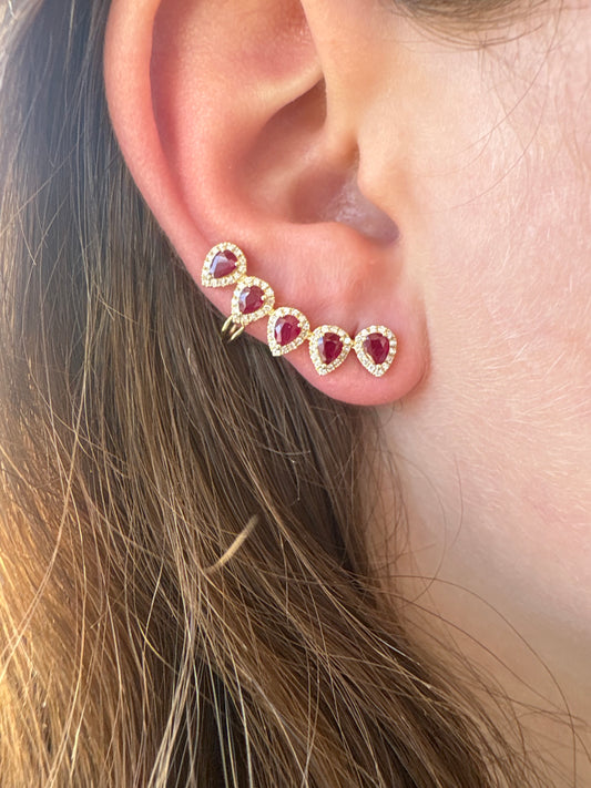 2.68 cttw ruby pear halo crawlers set in yellow gold