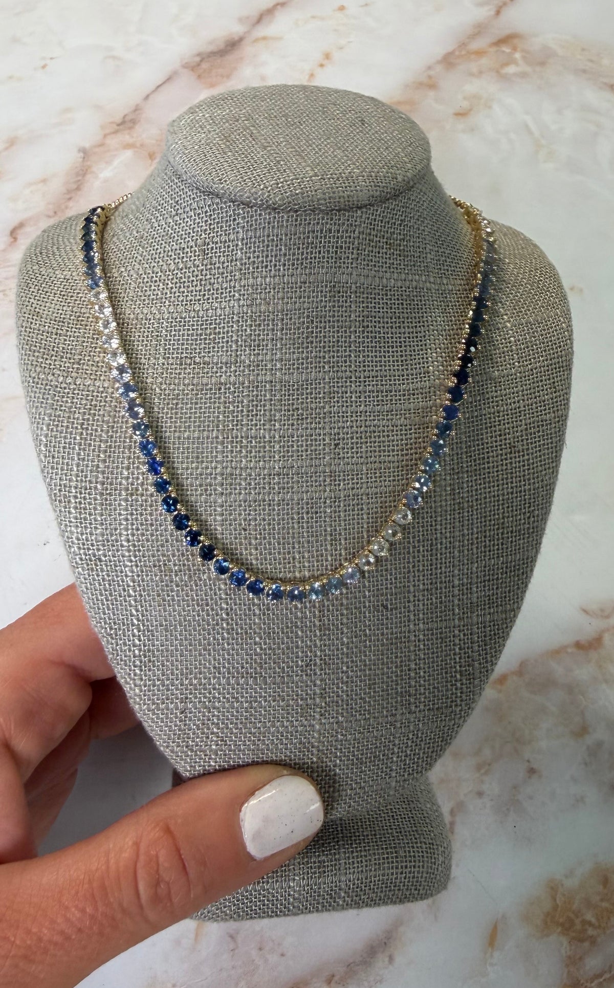 10 ct yellow gold natural blue diamond ombré tennis necklace