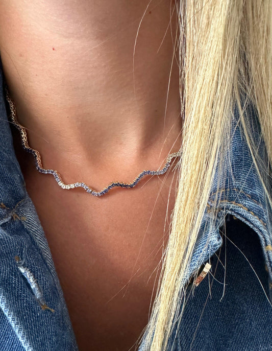 4 cttw yellow gold blue ombré wavy halfway tennis necklace