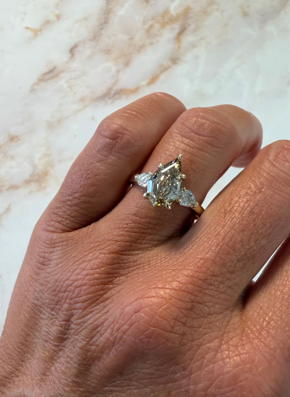2.64 cttw yellow gold champagne step cut pear center diamond engagement ring with pear side stones