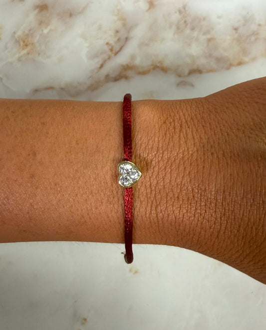 1 ct bezel heart on burgundy silk cord bracelet