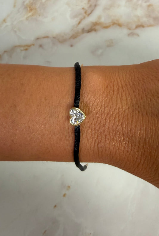 1 ct bezel heart on black silk cord bracelet