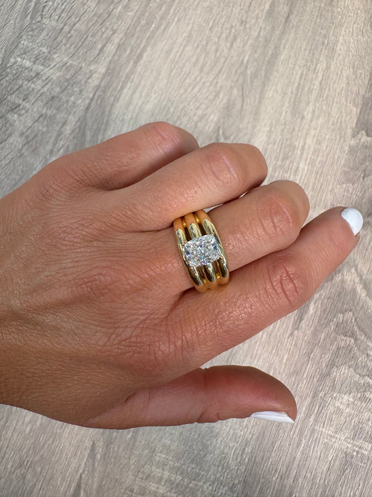 2.16 ct Cushion Diamond on Yellow Gold 3 Row Ring