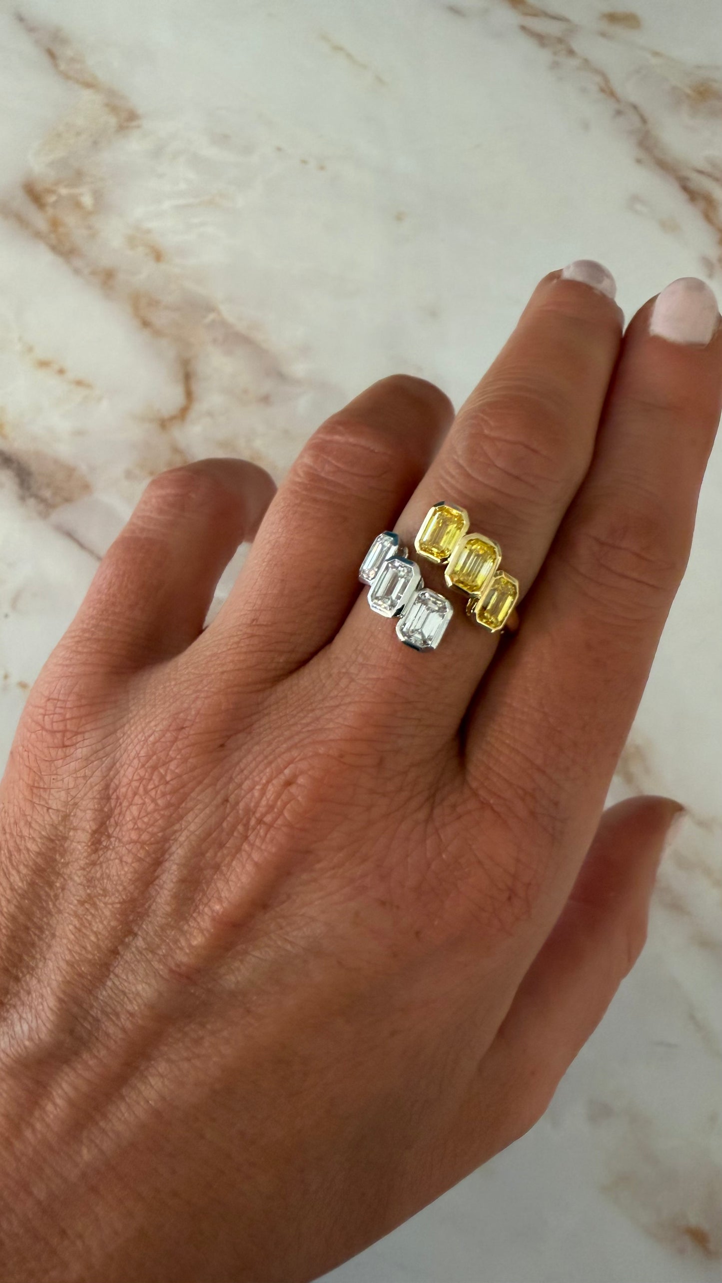 3.26 cttw bezel emerald yellow and white diamond wrap ring
