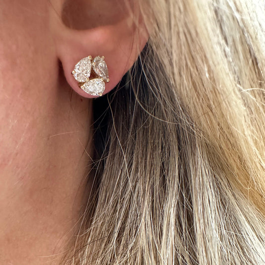 3.5 cttw Yellow Gold 3 Stone Pear Studs