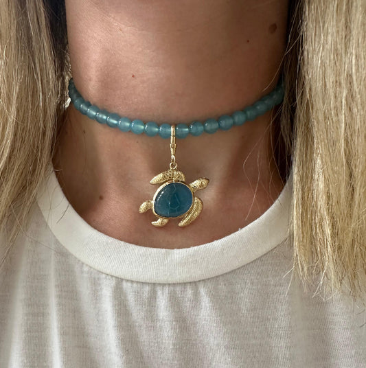 Turquoise Beaded Chain With Turtle Charm