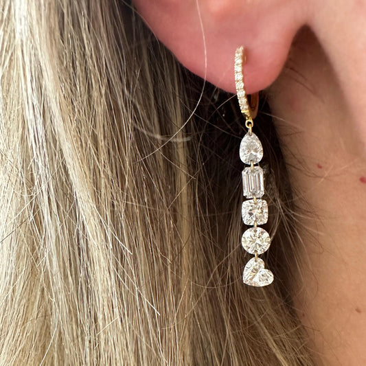 4.6 cttw Multi Shape Drop Earrings On  Yellow Gold Pave Huggie