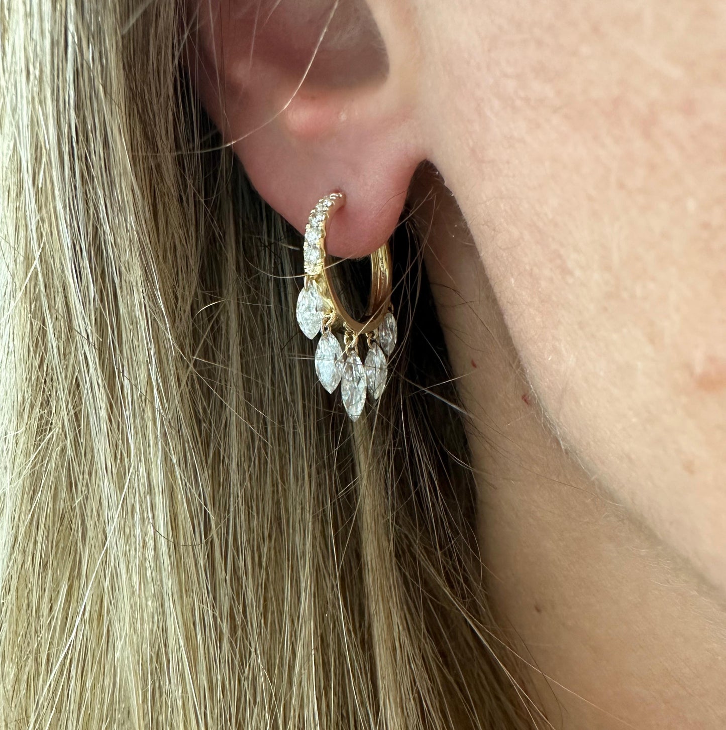 2 cttw Yellow Gold Pave Hoops With Dangling Marquis