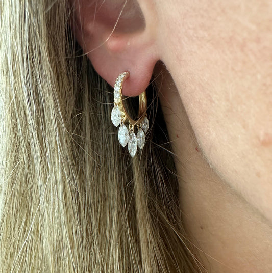 2 cttw Yellow Gold Pave Hoops With Dangling Marquis