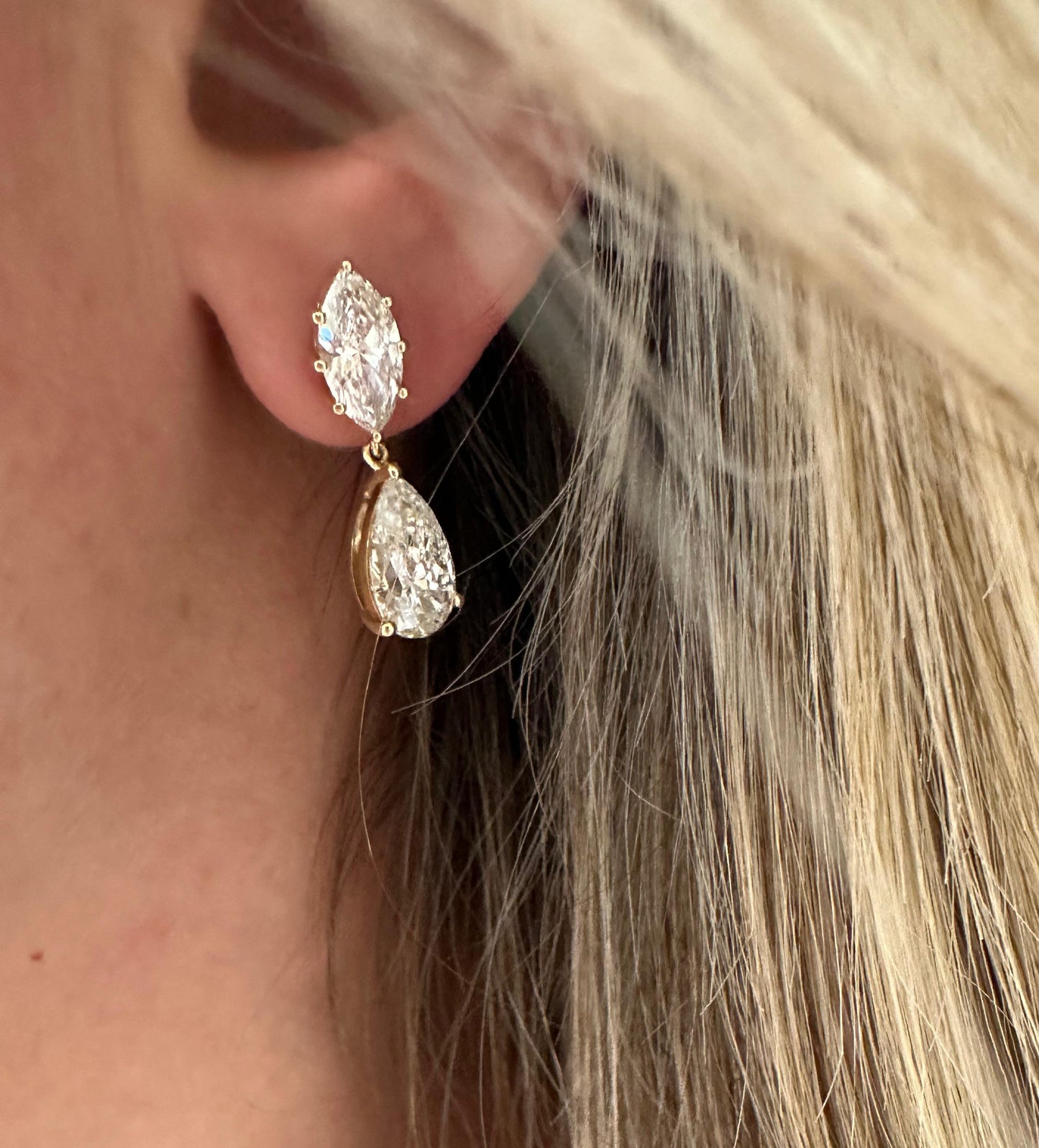 6.18 cttw yellow gold marquis and pear drop earrings